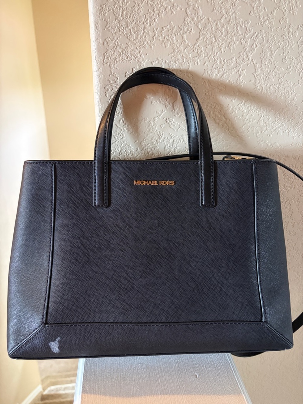 Michael Kors Black Structured Saffiano Tote with Gold Logo